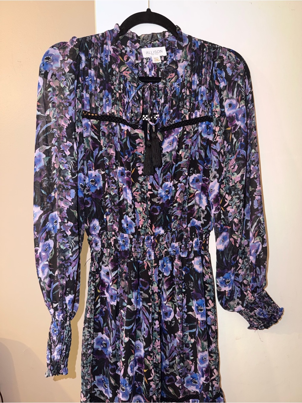 Black Maxi Dress with Purple Floral Print and Smocked Waist